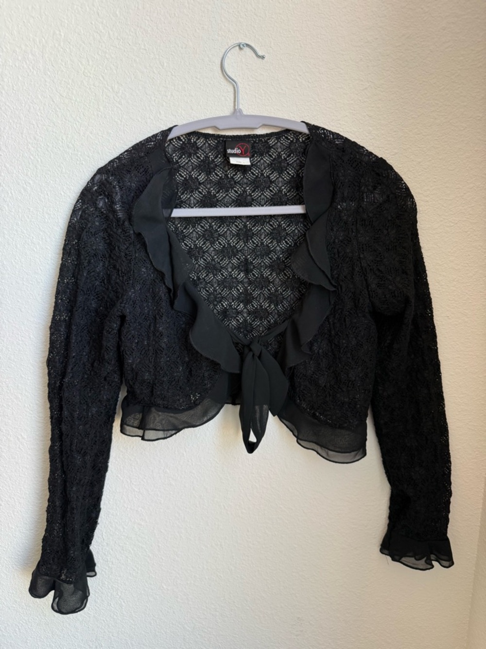 Whimsigoth Black Lace Ruffle Tie-Front LayeringShrug